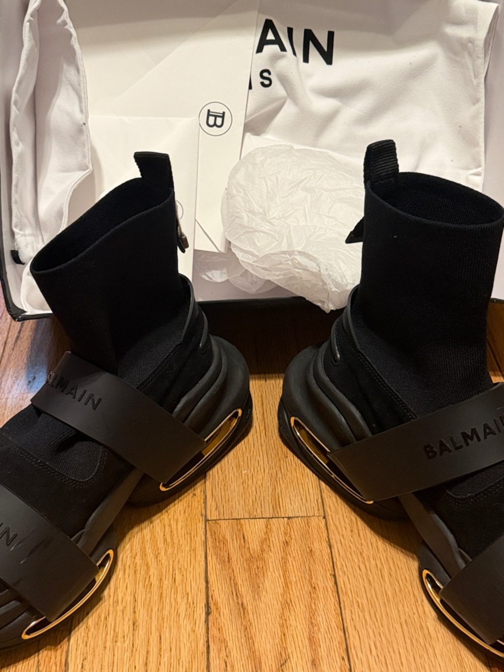 Balmain Black Knit High-Top Sneakers with Gold Trim - Picture 2 of 4